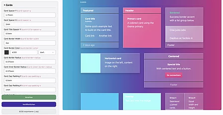 Bootstrap Builder – Variablengruppe "Cards" mit Komponenten-Vorschau Aufgeklappte Variablengruppe Cards im Bootstrap Builder mit Eingabefeldern, Farb-Picker und Karten-Vorschau