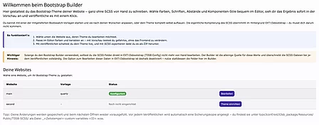 Bootstrap Builder – Startseite des Backend-Moduls Backend-Modul Bootstrap Builder mit Anleitung und Website-Auswahl zur Theme-Gestaltung