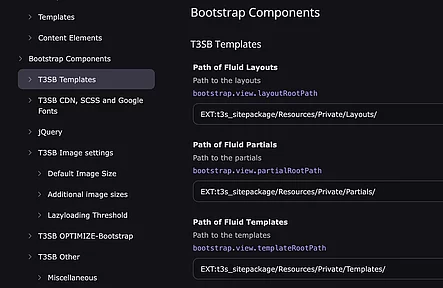 Site Settings -> T3SB Templates Site Settings