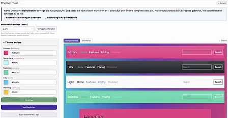 Bootstrap Builder – Theme-Editor mit Bootswatch-Vorlage und Live-Vorschau Theme-Editor des Bootstrap Builders mit Bootswatch-Vorlage quartz, Farb-Pickern und Komponenten-Vorschau